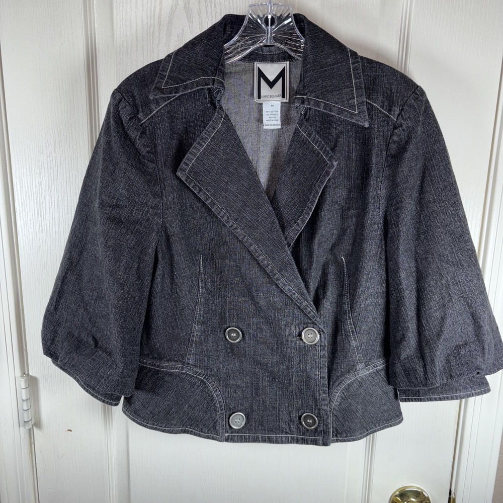 Marc Bouwer Women's Cropped Jacket M NWOT Denim-Look Balloon Sleeves Double Brea